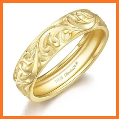 【新品】 KRKC&CO ハワイアンジュエリー リング レディース メンズ 指輪 シルバー925 波 彫り ピンキーリング 金属アレルギー対応 幅5mm カップル お揃い 記念日プレゼント 人気 (15,男性用-スクロール-ゴールド） 0