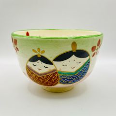 茶道具】橋本喜泉作 色絵茶碗 立雛の絵 桃山窯 共箱 共布 栞付 京焼