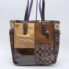 COACH（コーチ）シグネチャー パッチワーク トートバッグ ブラウン系 レザー×キャンバス