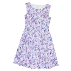ユニバーバルミューズ 花柄フレアワンピース ノースリーブ パープル系 日本製