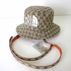 グッチ GUCCI ザノースフェイス THE NORTH FACE GGキャンバス リバーシブル バケットハット 帽子 ぼうし 672151 4HAJN ロゴ 刺繍 L 59cm ベージュ オレンジ 国内正規品 美品 希少