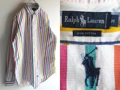 希少 90sビンテージ Ralph Lauren ラルフローレン ポロポニーロゴ刺繍 マルチストライプシャツ BDシャツ M カラフル 白 USA企画