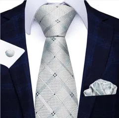 ネクタイ　チーフ　カフス　格安　3点セット　チェック柄　格子柄　シルバー色　グレー色　結婚式　イベント　パーティー　発表会　成人式　卒業式　卒園式　入学式　入社式　父の日　ビジネス　七五三お祝い　カフスボタン　ポケットチーフ　ダンスパーティー　バーテンダー