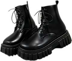 CALM.st 厚底 ブーツ ショートブーツ レディース レースアップ ブーティー 軽量 サイドジッパー コスプレ (ブラック,  23.5 cm)