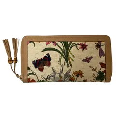 美品 GUCCI グッチ 日本上陸50周年モデル フローラ ラウンドファスナー バンブータッセル ロングウォレット 長財布 356708 ベージュ レディース 古着 中古 USED
