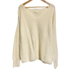 良品 LOUNGEDRESS ラウンジドレス Vネック ピュアカシミヤ ニット F オフホワイト レディース 古着 中古 USED