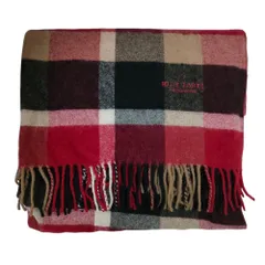 美品 BLUE LABEL CRESTBRIDGE ブルーレーベルクレストブリッジ チェック柄 ロゴ刺繍 フリンジストール マフラー レッド系 レディース 古着 中古 USED