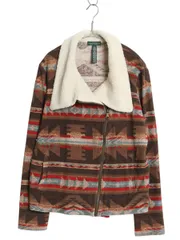 【お得なクーポン配布中!】 00s ラルフローレン ネイティブ 総柄 ジャケット レディース XL ポロ オールド 襟 ボア パイル ダブル ライダース タイプ 薄手 ストレッチ