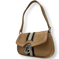 トミーヒルフィガー ハンドバッグ ワンショルダー 自立可 THロゴ Y2K 00s ストライプ レザー ベージュ キャメル レディース コンパクト ミニバッグ エレガント カジュアル お出かけ TOMMY HILFIGER 箱付き クリーニング済み R