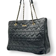 モスキーノ MOSCHINO ハート キルティング チェーンショルダー トートバッグ レザー 本革 ブラック 黒 ゴールド金具 A4収納可 大容量 肩掛け 通勤 通学 ビンテージ 80s 90s レディース 鞄 カバン レア U8