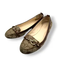 【良品】コーチ COACH パンプス フラットシューズ バレエシューズ シグネチャー キャンバス レザー ベージュ ブラウン ホースビット 8B 24.5cm 歩きやすい ローヒール ぺたんこ カジュアル 通勤 通学 レディース CT1