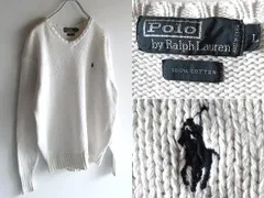 希少 90sビンテージ Polo by Ralph Lauren ラルフローレン ポロポニーロゴ刺繍 Vネック コットンニット L 白 ホワイト RN41381正規 USA企画