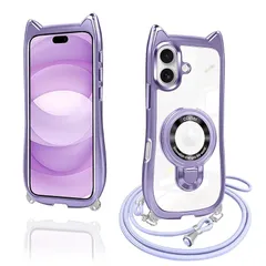 【新品】 iphone 17 ケース クリア リング付き 猫耳 ネコミミ MagSafe対応 いphone 17 ケース ワイヤレス充電 アイフォン17 スマホケース 透明 TPU 多機能 マグネット搭載 縦横両対応 車載対応 ネック ショルダー 肩掛け  0