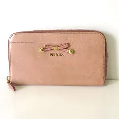 プラダ PRADA 財布 ラウンドファスナー 長財布 レザー リボン ロゴ ピンクベージュ ゴールド