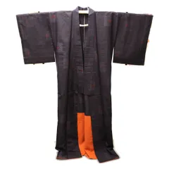 【着物】　大島紬　正絹　黒　オレンジ　男性用　メンズ