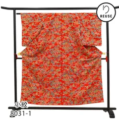 小紋 正絹 リユース 中古 袷 赤地 四季花鳥文様 菊 椿 縮緬 8031-1 カジュアル 洒落着 お稽古 お出かけ