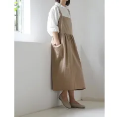 エプロン レディース ワンピース風 ロング フリーサイズ ベージュ ポケット付き キッチン カフェ風 M0227-4G91-1