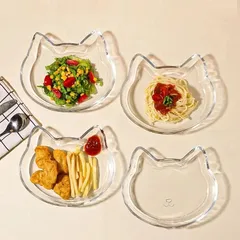 유리 식기 트레이, 접시, 작은 접시, 콩 접시, 얕은 그릇, 카페 트레이, 만두 트레이, 디저트 접시, 과일, 반찬 서빙, 고양이 모양, 고양이 모양, 투명, 오봉, 세련된 식기, 식기 세척기 사용 가능, M0227-A79B