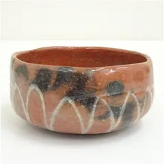 作家物　赤楽花絵馬盥茶碗  茶道 抹茶 おしゃれ 抹茶茶碗 抹茶碗 和食器 レトロ 茶器 骨董 茶わん 茶会 茶の湯 夏 楽焼 2月 6月 7月 8月 夏冬
