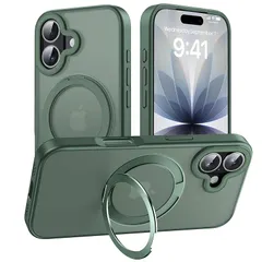 【新品】 【多機能360度回転スタンド】Mcoifull 適用 iPhone 17 用 ケース マグネット搭載 ワイヤレス充電 耐衝撃 マット感 半透明 指紋防止 アジャスタブルスタンド アイフォン17 ケース ダークグリーン