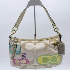 COACH（コーチ）シグネチャー アップリケ ショルダーバッグ ハンドバッグ ベージュ系 キャンバス×レザー ゴールドトーン金具 77808