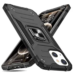 iPhone 13 Mini 用 ケース リング 衝撃吸収 耐衝撃 落下防止 米国軍事MIL標準取得 スタンド機能 PC+TPU 二重構造 防塵 薄型 軽量 一体型 360度回転 全面保護カバー アイフォン 13 Mini 用 ケース 黒 MJJ-SJ-105