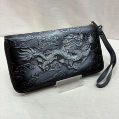 ヌメ革 和柄 ハンドメイド ラウンド長財布 龍 昇り龍 タンカラー