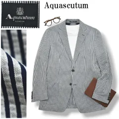 アクアスキュータム Aquascutum シアサッカー素材 ストライプ柄 シングル 2B アンコンジャケット ブレザー テーラードジャケット 春夏 ネイビーxホワイトグレー L メンズ