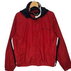 TOMMY HILFIGER トミーヒルフィガー 00年代/00’s フルジップ ジップアップ フード収納 ライトアウター ナイロンジャケット 長袖 ワンポイント刺繡 Philippines製 Ｌ/Gサイズ レッド
