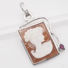 R388 シェルカメオ 925刻印 ペンダント トップ 女性横顔 ピンクストーン デザイン シルバー チャーム ヘッド