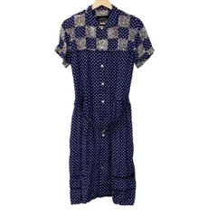 トリココムデギャルソン ワンピース サイズM レディース - ブルー×白×マルチ レギュラーカラー/半袖/ロング/ドット柄/花柄/シャツワンピ
