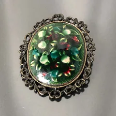 本七宝 七宝焼き ブローチ 大きめ 横幅約51.5mm 花 葉っぱ 緑色 グリーン レディースアクセサリー■S243