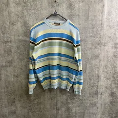 【Y-192】I.n.c マルチボーダーニット M相当 ブルー系 サイドジップ クルーネック カジュアル 春秋冬 レディース トップス