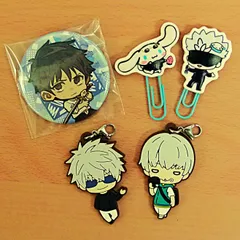 [TK]呪術廻戦 五条悟 狗巻棘 乙骨憂太 サンリオ 五条悟×シナモロール 缶バッチ / ラバークリップ / ラバーチャーム まとめ売り 5点セット
