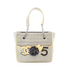 샤넬 CHANEL 토트 백 초코 바 카멜리아 No.5 그레이 / 블랙 캔버스 특허 가죽 카멜리아 No.5 초코 바 토트 백 여성 Used B