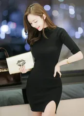 ＜在庫処分＞レディース ニットワンピース 秋冬 フリーサイズ タイト 長袖 ハイネック スリット ミニ丈　bu１