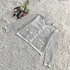 『index』インデックス　ニットカーディガン　長袖　ツイード調　クルーネック　パッチポケット　綿　コットン　ワールド　ライトグレー(L)