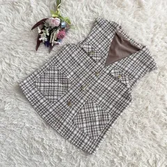 『GU』ジーユー　ツイーディベスト　ジレ　ノースリーブ　チェック　裏地付　Vネック　金ボタン　パッチポケット　ブラウン　白(L)