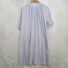 Samansa Mos2 サマンサモス2 シャツワンピ ロングシャツ ストライプ柄 パフスリーブ ブルー Fサイズ 〇□☆