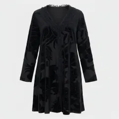 77b27 TOKUKO 1er VOL トクコプルミエヴォル ノーカラー ロングジャケット シアージャケット ロングカーディガン ベロア切替 レース 魚 総柄 レディース 女性服 サイズ9 ブラックu02t