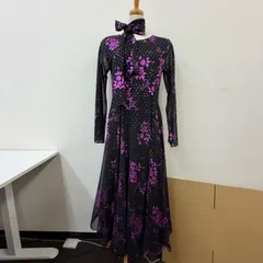 社交ダンス衣装 ワンピース ドレス 黒 紫 フレア 花柄 キラキラ レース 長袖 首飾り付き