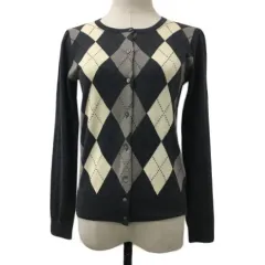 ペルルペッシュ Perle Peche カーディガン ニット クルーネック アーガイル 総柄 ウール 長袖 38 グレー 白 ホワイト