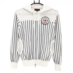 キャロウェイ ニットジップパーカー 白×ネイビー ストライプ ワッペン ジャケット レディース M ゴルフウェア Callaway