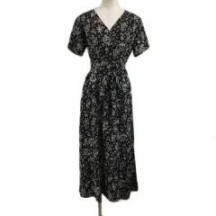 フリークスストア FREAKS STORE ワンピース ラップ フレア ロング 花柄 総柄 リボンベルト 半袖 F 黒 白 ブラック ホワイト