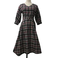 アンデミュウ Andemiu ワンピース Aライン ロング Vネック イレヘム チェック マルチカラー 七分袖 F 赤 紺 レッド ネイビー