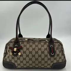 GUCCI GGキャンバス トートバッグ シェリーライン プリンシー ショルダーバッグ ハンドバッグ ブラウン レザー グッチ