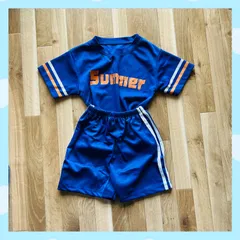キッズ上下セット　★Tシャツ×ショートパンツ　★半袖短パン　★セットアップ　★夏服　★ハーフパンツ　★子供　★こども服　★こどもふく　★スポーツ　★パジャマ　★ルームウェア　★速乾　★軽量　★青色　★ブルー　★メッシュ　★ポリエステル