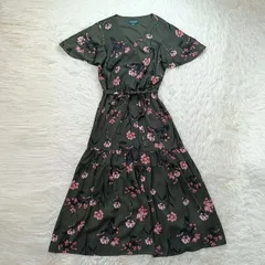 美品 LAUREN RALPHLAUREN ローレンラルフローレン 花柄 ティアードワンピース カシュクール キッズ 150 グリーン系 ウエストベルト リボン 女の子 レディース Aライン フレア 半袖