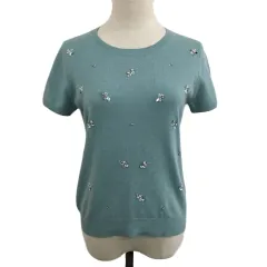 ルスーク Le souk セーター ニット プルオーバー ラウンドネック ビジュー アンゴラ混 半袖 38 水色 緑 ライトブルー グリーン