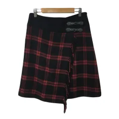 アンタイトル UNTITLED スカート 台形 膝丈 ラップ風 ラメ チェック ウール フリンジ 2 黒 赤 ブラック レッド